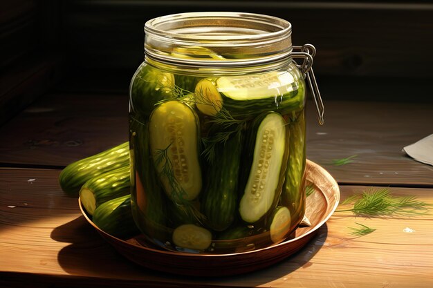 Photo pickled cucumbers in a jar on widen table