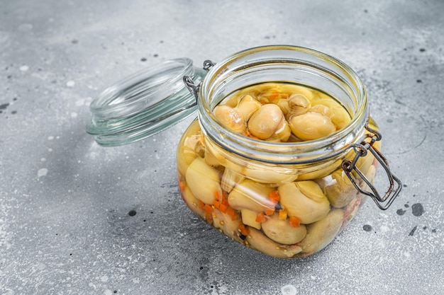 Pickled mushrooms champignons in a glass jar. Gray background. Top view.