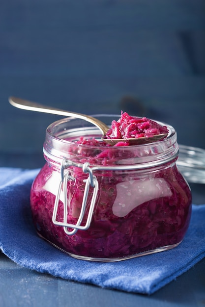 Pickled red cabbage in glass jar