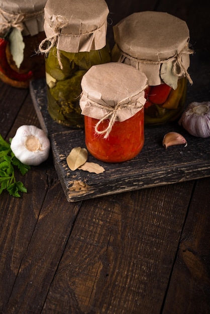 Pickled vegetables in glass jars