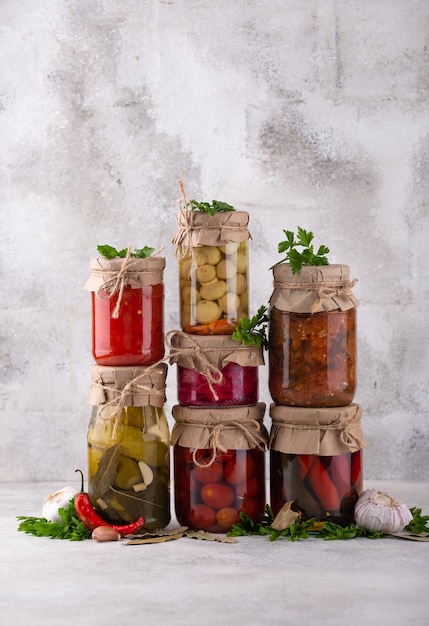 Pickled vegetables in glass jars