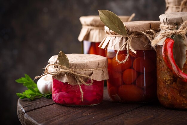 Pickled vegetables in glass jars