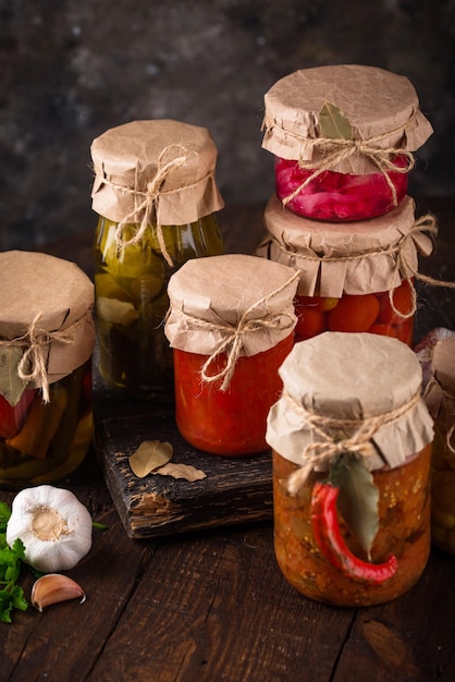 Pickled vegetables in glass jars