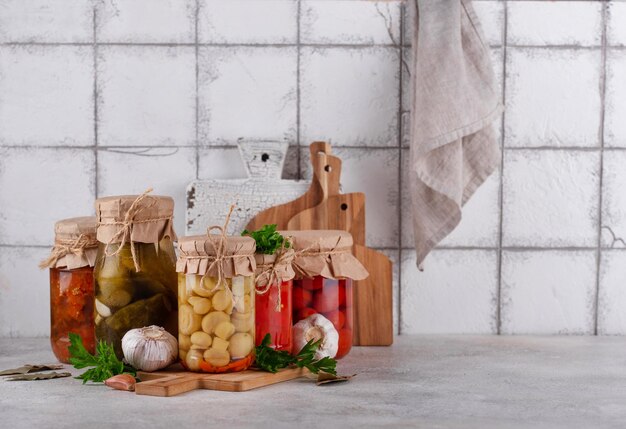 Pickled vegetables in glass jars