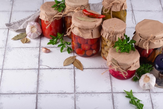 Pickled vegetables in glass jars