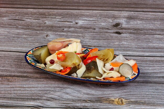 Pickled vegetables mix in the plate