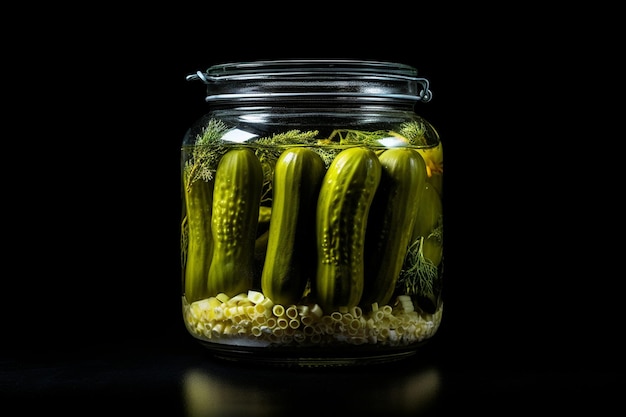 Pickles in a Clear Glass Jar Against a Black Backdrop