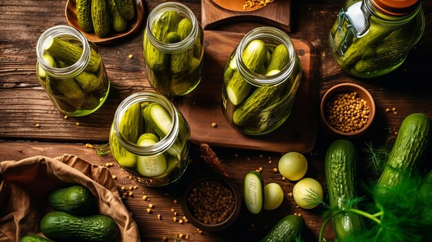 Pickling containers with new cucumbers on wooden table level lay AI Generated