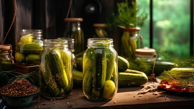 Pickling holders with unused cucumbers on wooden table level lay AI Generated