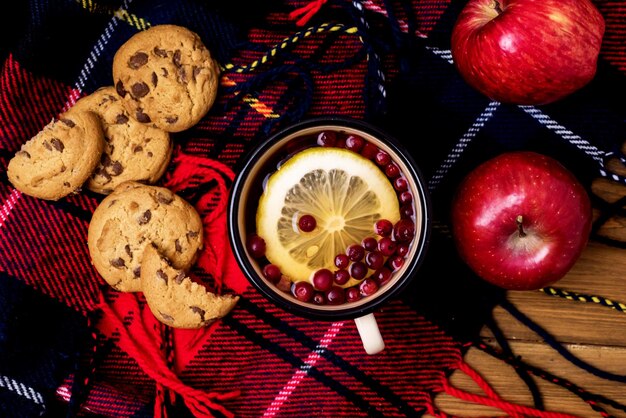 Picknick Achtergrond Kopje Thee met Citroen en Bessen Koekjes Rode Appel Herfst Horizontaal