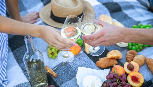 Picknick in de natuur meisje gieten wijn paar verliefd natuur