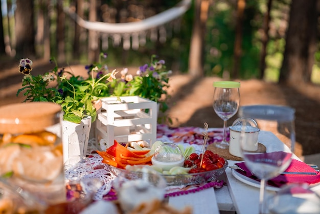 Picknick in de natuur tafel tapijten wigwam tent kussens in het park