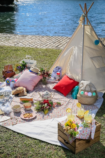 Picknick in deken en tent in het park. Eten, bekers, kussens en bloemen.