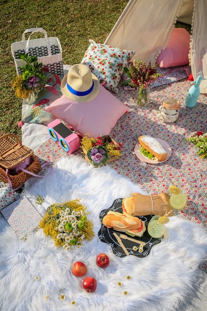 Picknick in deken en tent in het park met het meer.