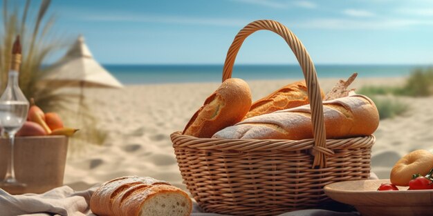 Picknick met brood op strand zand vakantie achtergrond AI gegenereerd