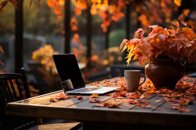 Picknick metalen tafel van vrije ruimte voor uw decoratie en herfst landschap van het bos Hoogwaardige foto