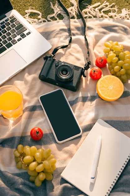 Picknick op een buitentafel met vers fruit, laptop, telefoon, camera