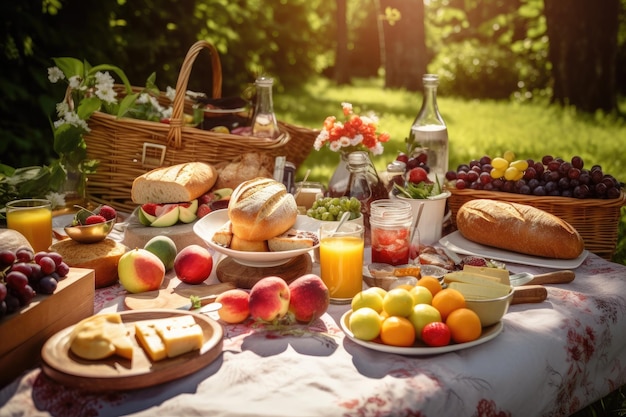 Picknick op een zonnige dag met vers en kleurrijk eten en drinken gemaakt met generatieve AI