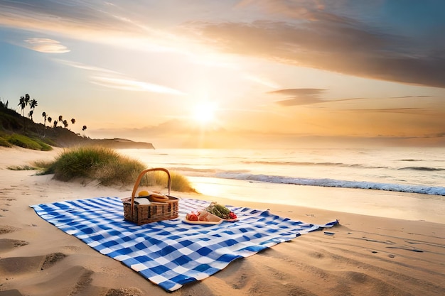Picknick op het strand bij zonsondergang