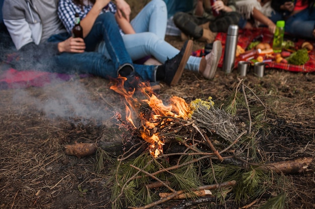 Picknick vrienden toerisme vreugdevuur concept. Eenheid met de natuur. Wandelen geest.