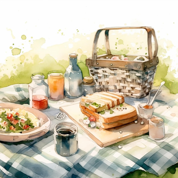 Picknick Waterverf met de hand getekende illustratie Picknick eten en drinken