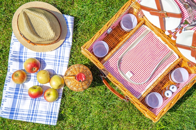 Picknickconcept met mand op groen zonnig gazon in het park