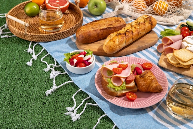 Picknickdeken met charcuterieplanken gezond eten en wijn in het park op het gras op zonnige dag