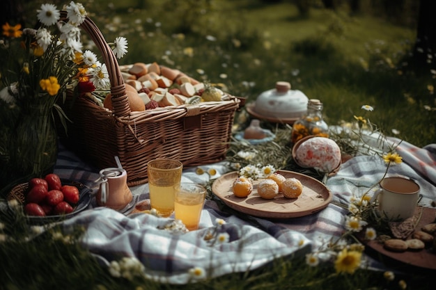 Picknicken in het park met een mandje brood en een mandje brood