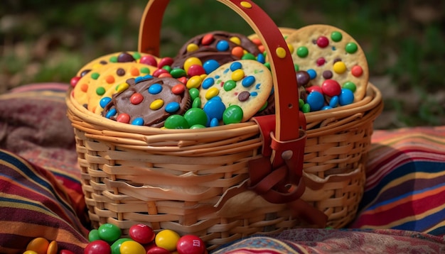 Picknickmand gevuld met kleurrijk fruit en snoep gegenereerd door AI