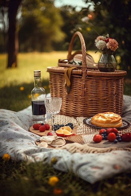 Picknickmand met fruit en bakkerij op doek in tuin AI gegenereerd