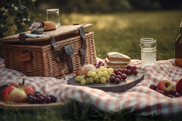 Picknickmand met fruit en bakkerij op doek in tuin AI gegenereerd