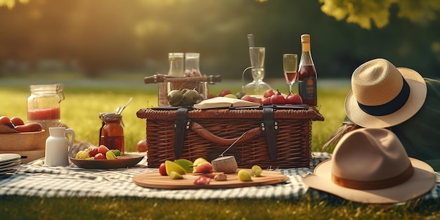 Picknickmand met fruit en bakkerij op doek in tuin AI gegenereerd