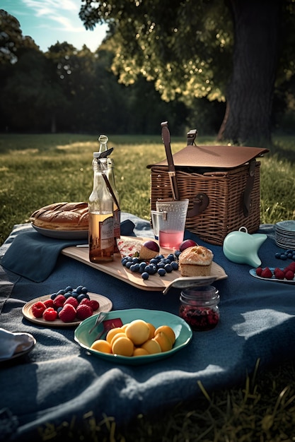 Picknickmand met fruit en bakkerij op doek in tuin AI gegenereerd