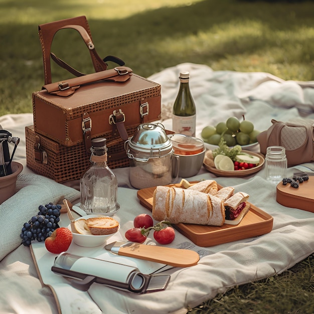 Picknickmand met fruit en bakkerij op doek in tuin AI gegenereerd