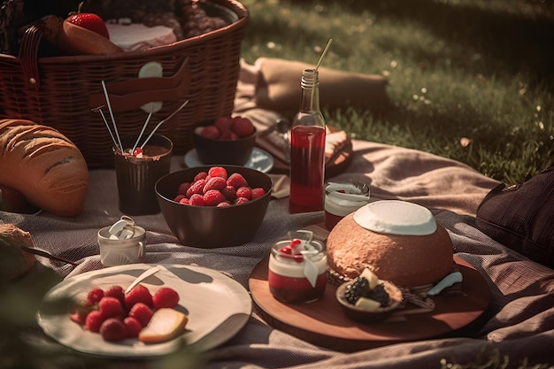 Picknickmand met fruit en bakkerij op doek in tuin AI gegenereerd