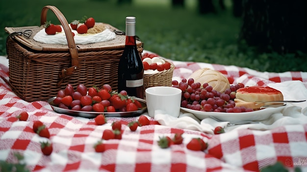 Picknickmand met grapefruit en wijn op het gras