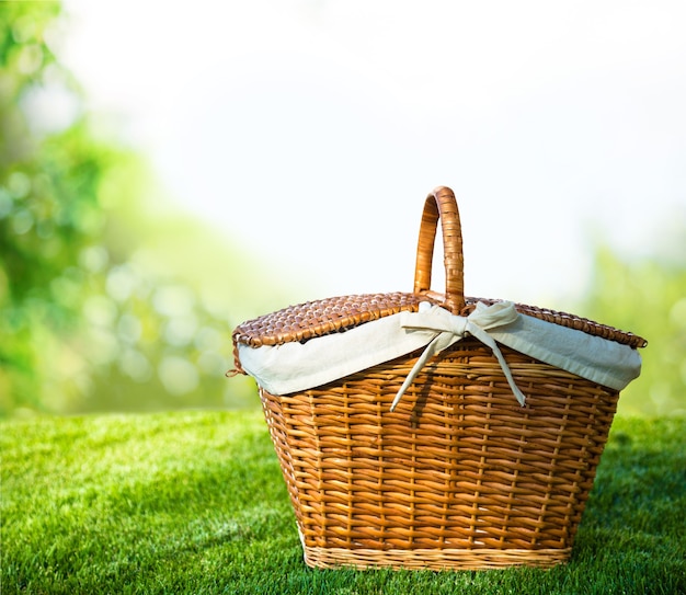 Picknickmand met servet op aardachtergrond