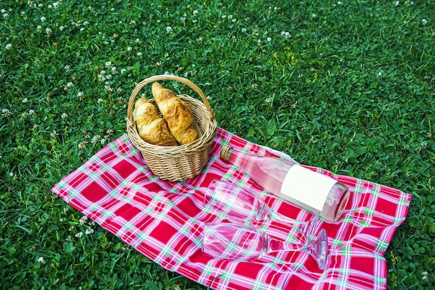 Picknickmand met stokbrood.