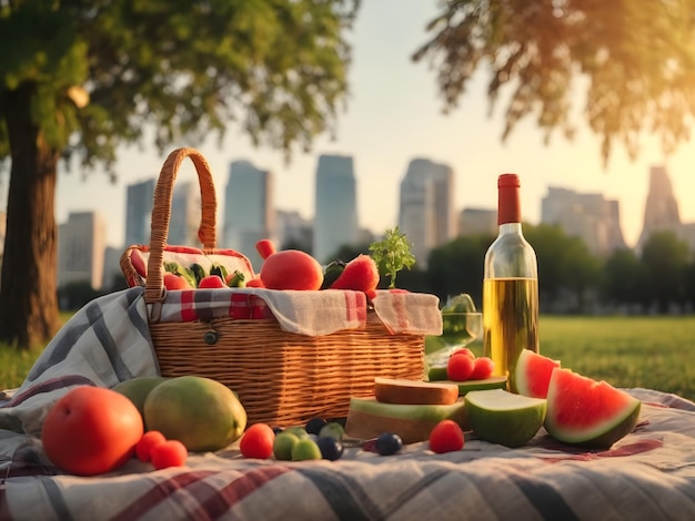 Picknickmand op deken in stadspark op zonsondergang Zomer romantisch stadsgezicht met stedelijke wolkenkrabber