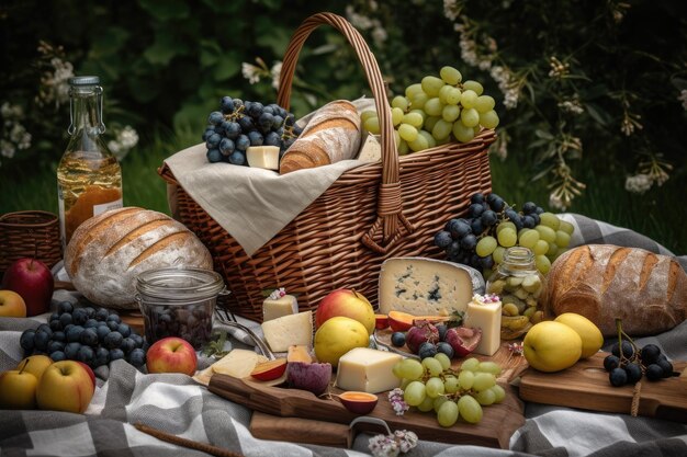 Picknickopstelling met heerlijke picknickmand vol fruit en kazen gemaakt met generatieve ai