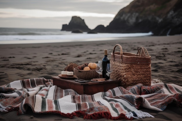 Picknickopstelling met manddeken en wijnglazen op het strand gemaakt met generatieve AI
