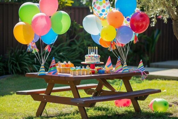 Picknicktafel met verjaardagsdecoraties, ballonnen en taart.