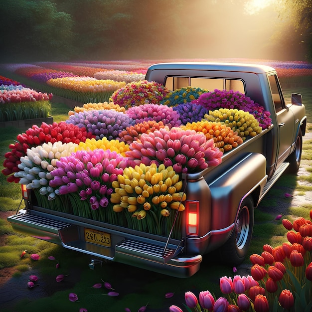 a pickup truck filled to the brim with stunning multicolored tulips