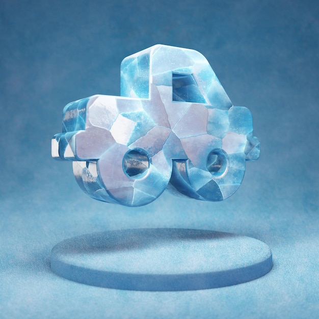 Пикап значок. Треснувший синий символ пикапа льда на подиуме синего снега. Значок социальных средств массовой информации для веб-сайта, презентации, элемента шаблона дизайна. 3D визуализация.