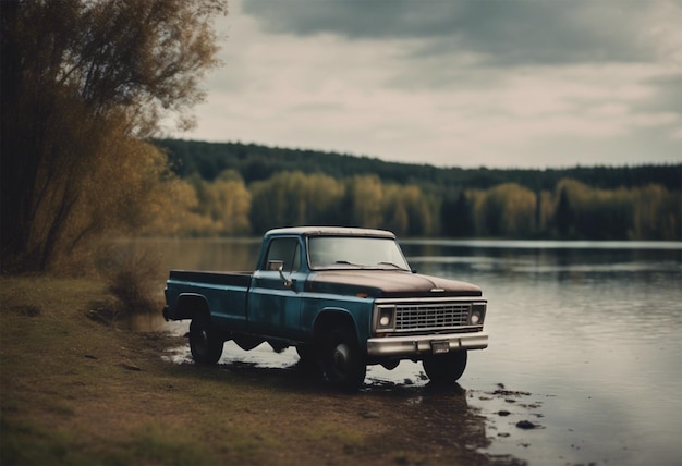 写真 湖の端に駐車したピックアップトラック