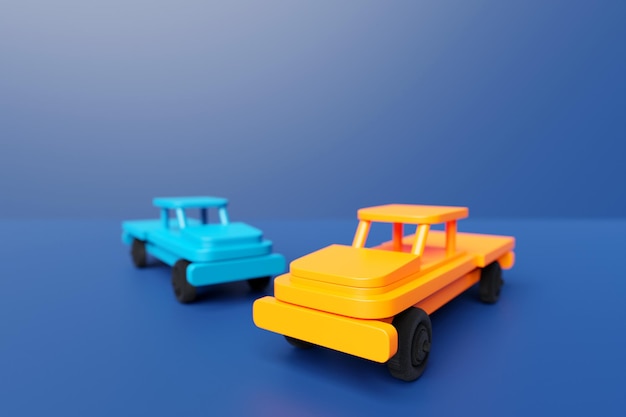 Pickup wooden yellow and blue cars design on blue background 3d illustration