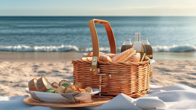 picnic basket on a beach in sunny day