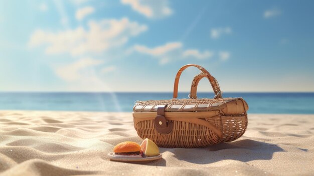 Picnic basket on a beach in sunny day