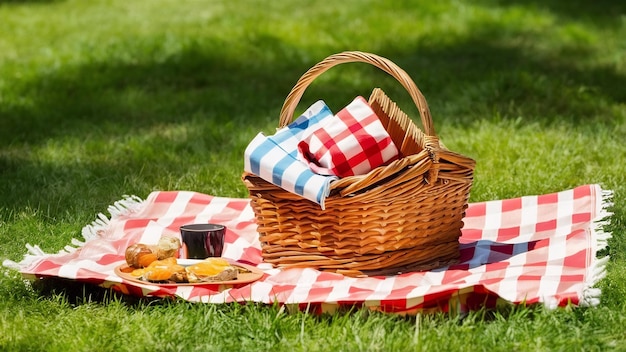 Picnic basket and blanket on park grass