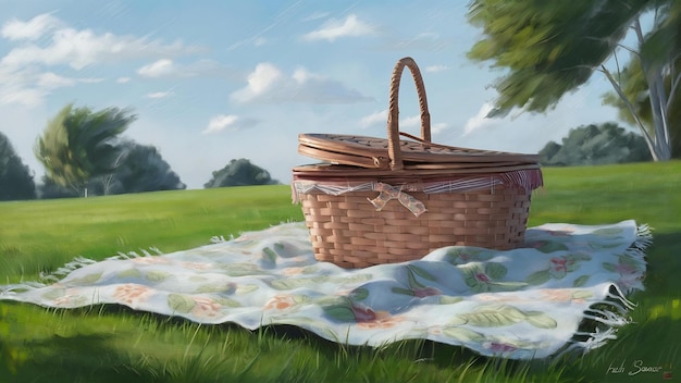 Picnic basket and blanket on park grass